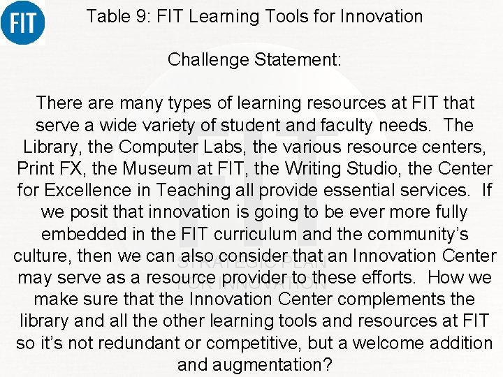 Table 9: FIT Learning Tools for Innovation Challenge Statement: There are many types of