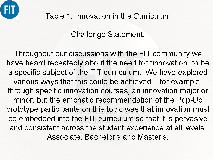 Table 1: Innovation in the Curriculum Challenge Statement: Throughout our discussions with the FIT