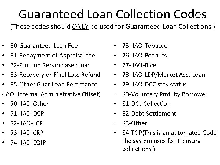 Guaranteed Loan Collection Codes (These codes should ONLY be used for Guaranteed Loan Collections.