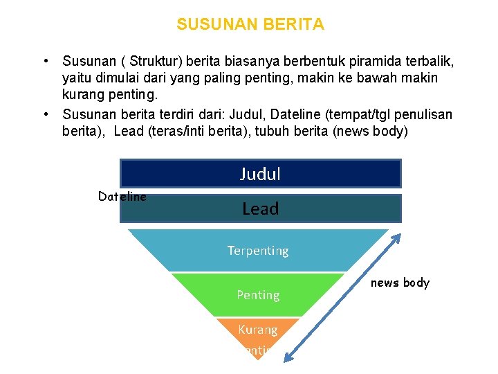 SUSUNAN BERITA • Susunan ( Struktur) berita biasanya berbentuk piramida terbalik, yaitu dimulai dari