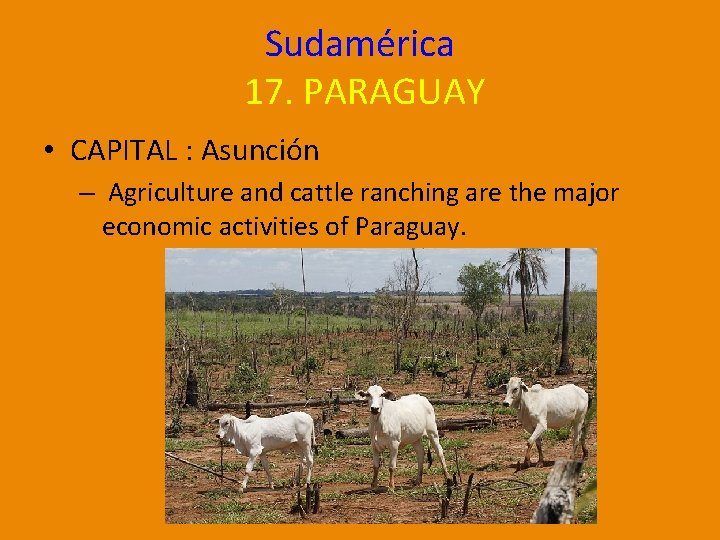 Sudamérica 17. PARAGUAY • CAPITAL : Asunción – Agriculture and cattle ranching are the