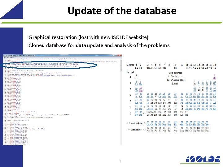 Update of the database Graphical restoration (lost with new ISOLDE website) Cloned database for