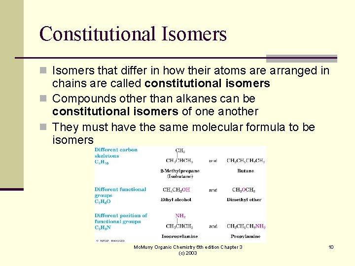 Constitutional Isomers n Isomers that differ in how their atoms are arranged in chains