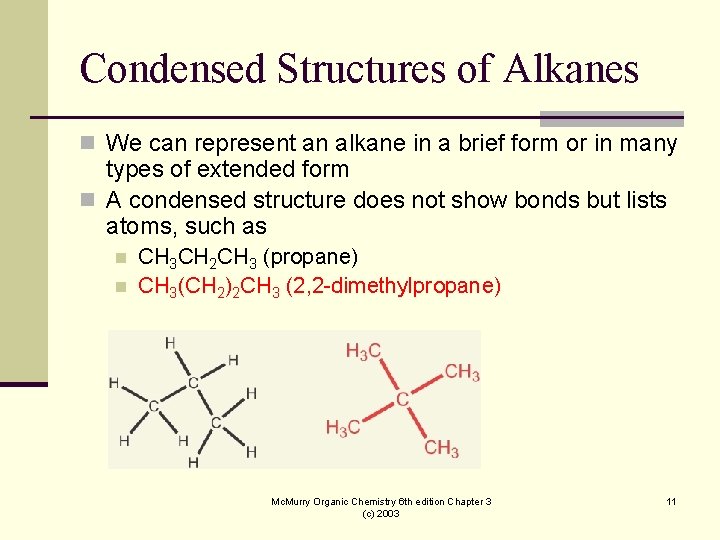 Condensed Structures of Alkanes n We can represent an alkane in a brief form