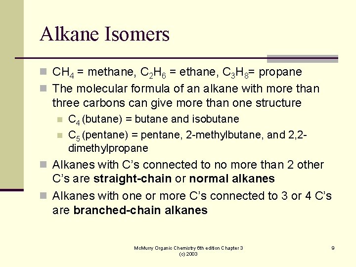 Alkane Isomers n CH 4 = methane, C 2 H 6 = ethane, C