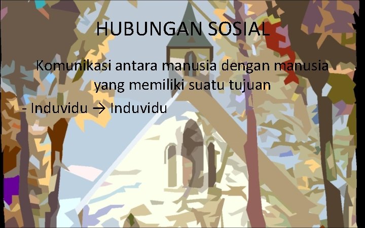 HUBUNGAN SOSIAL Komunikasi antara manusia dengan manusia yang memiliki suatu tujuan - Induvidu →