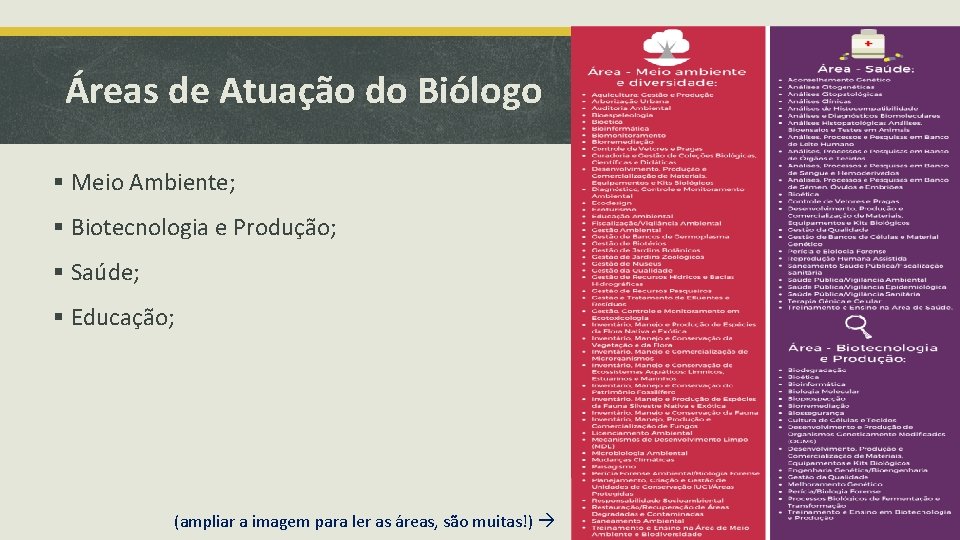 Áreas de Atuação do Biólogo § Meio Ambiente; § Biotecnologia e Produção; § Saúde;