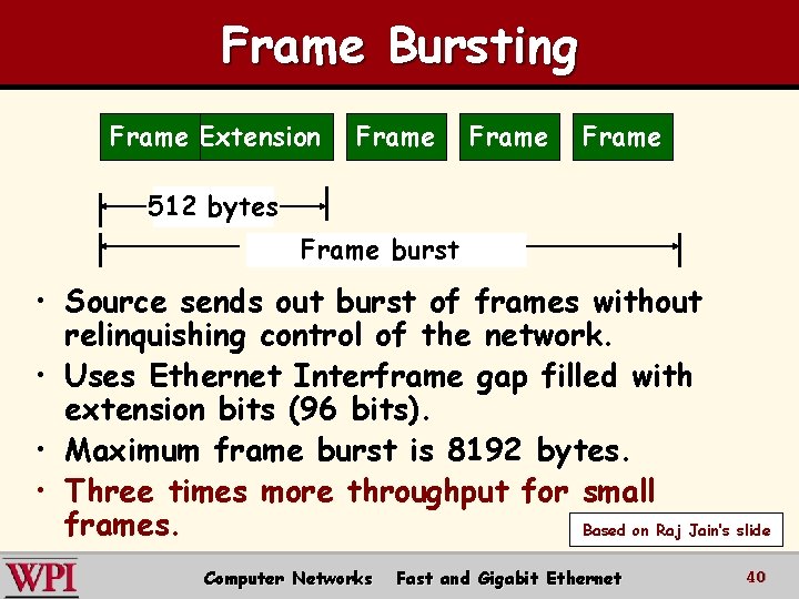 Frame Bursting Frame Extension Frame 512 bytes Frame burst • Source sends out burst