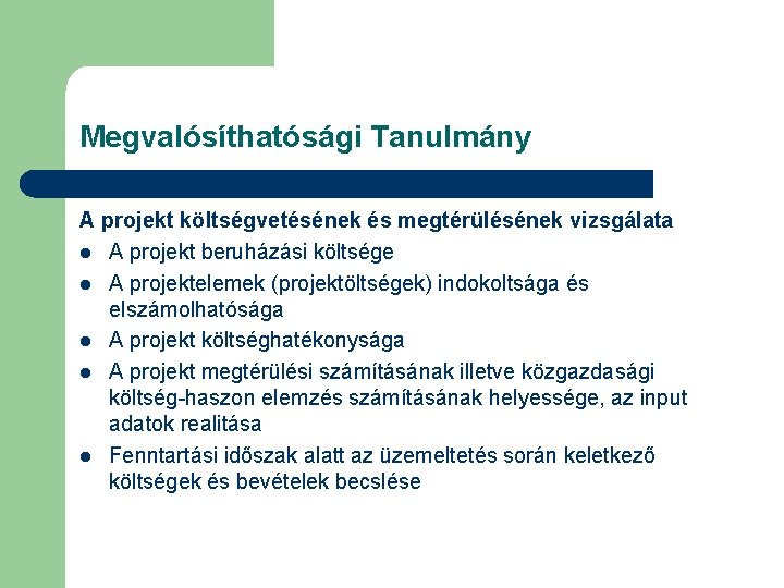 Megvalósíthatósági Tanulmány A projekt költségvetésének és megtérülésének vizsgálata l A projekt beruházási költsége l