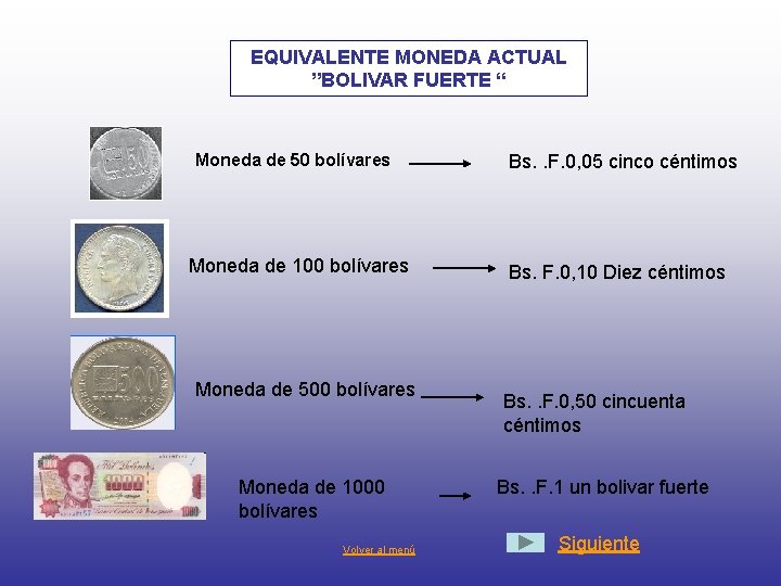 EQUIVALENTE MONEDA ACTUAL ”BOLIVAR FUERTE “ Moneda de 50 bolívares Moneda de 100 bolívares