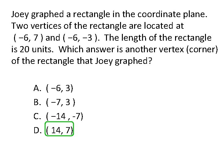 Joey graphed a rectangle in the coordinate plane. Two vertices of the rectangle are