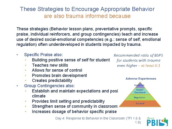 These Strategies to Encourage Appropriate Behavior are also trauma informed because These strategies (Behavior