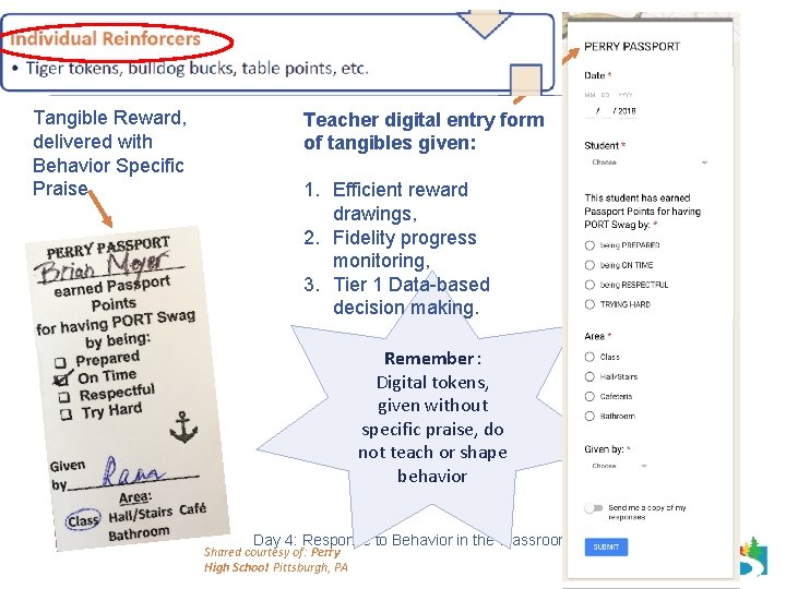Tangible Reward, delivered with Behavior Specific Praise Teacher digital entry form of tangibles given: