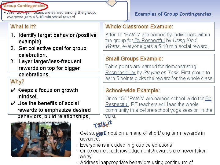 Examples of Group Contingencies What is it? Whole Classroom Example: 1. Identify target behavior