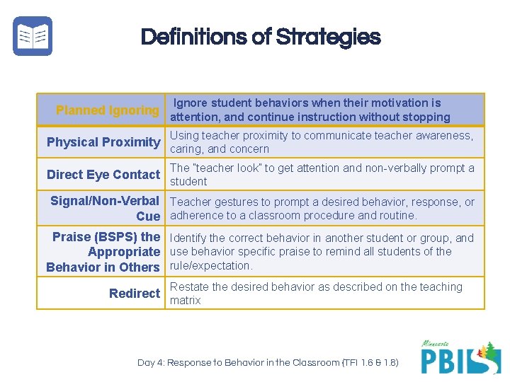 Definitions of Strategies Ignore student behaviors when their motivation is Planned Ignoring attention, and