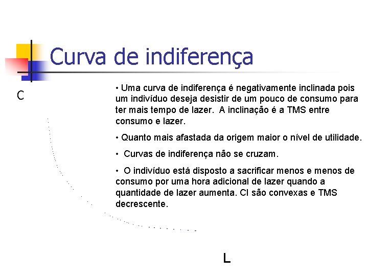 Curva de indiferença C • Uma curva de indiferença é negativamente inclinada pois um