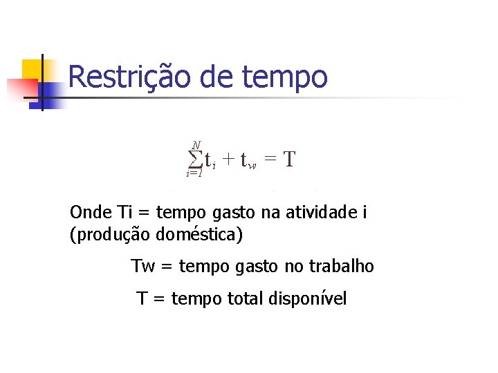 Restrição de tempo Onde Ti = tempo gasto na atividade i (produção doméstica) Tw