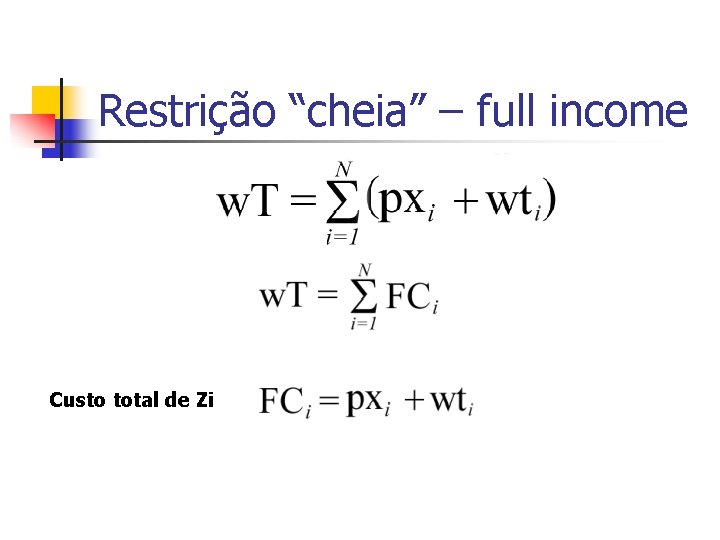 Restrição “cheia” – full income Custo total de Zi 