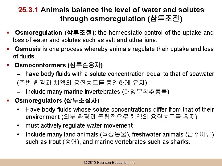 25. 3. 1 Animals balance the level of water and solutes through osmoregulation (삼투조절)
