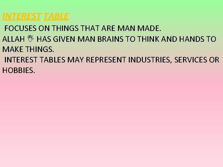 INTEREST TABLE FOCUSES ON THINGS THAT ARE MAN MADE. ALLAH I HAS GIVEN MAN
