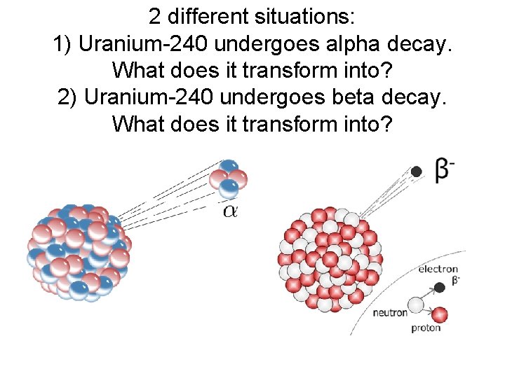 2 different situations: 1) Uranium-240 undergoes alpha decay. What does it transform into? 2)
