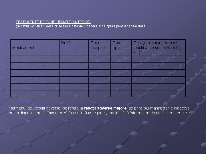 TRATAMENTE DE FOND URMATE ANTERIOR (în cazul modificării dozelor se trece data de începere