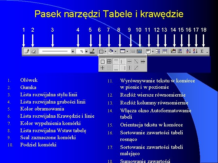 Pasek narzędzi Tabele i krawędzie 1 1. 2. 3. 4. 5. 6. 7. 8.