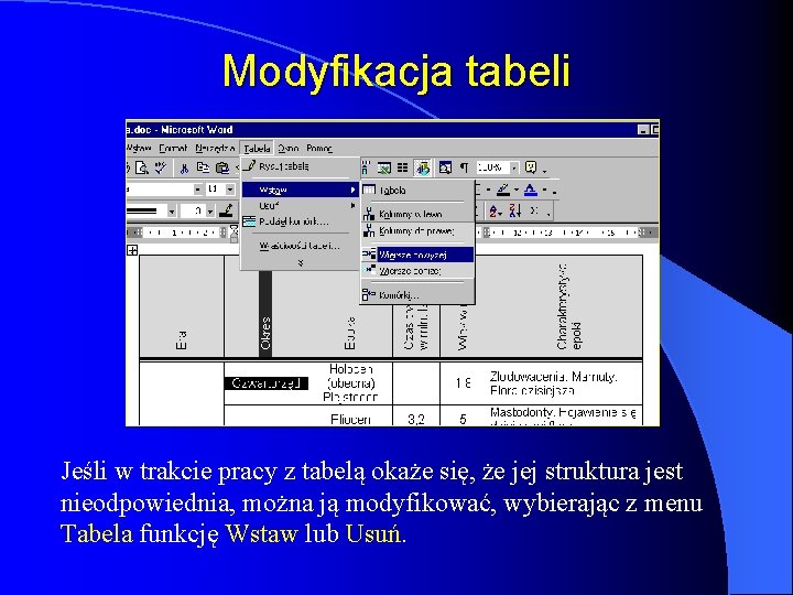 Modyfikacja tabeli Jeśli w trakcie pracy z tabelą okaże się, że jej struktura jest