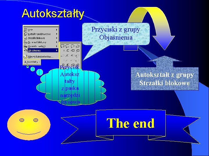 Autokształty Przyciski z grupy Objaśnienia Przycisk Autoksz tałty z paska narzędzi Rysowa nie Autokształt