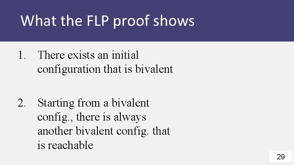 What the FLP proof shows 1. There exists an initial configuration that is bivalent