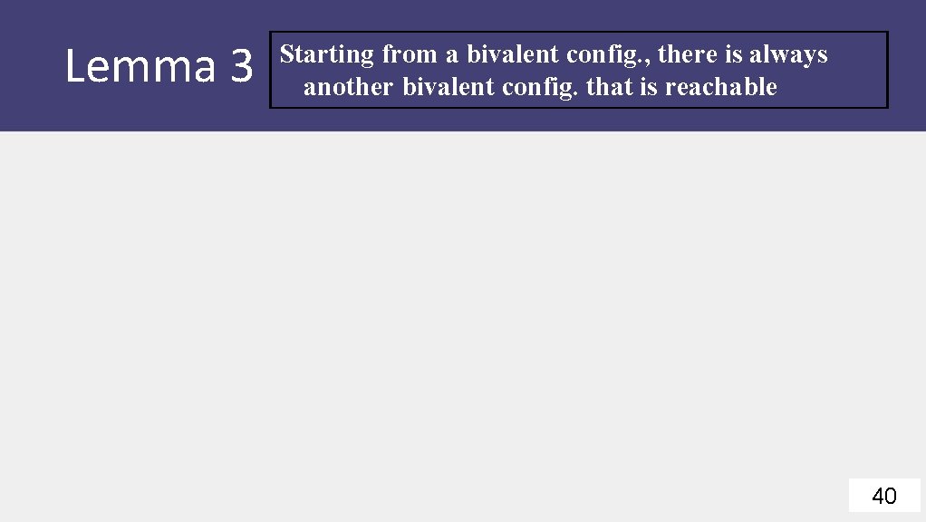Lemma 3 Starting from a bivalent config. , there is always another bivalent config.