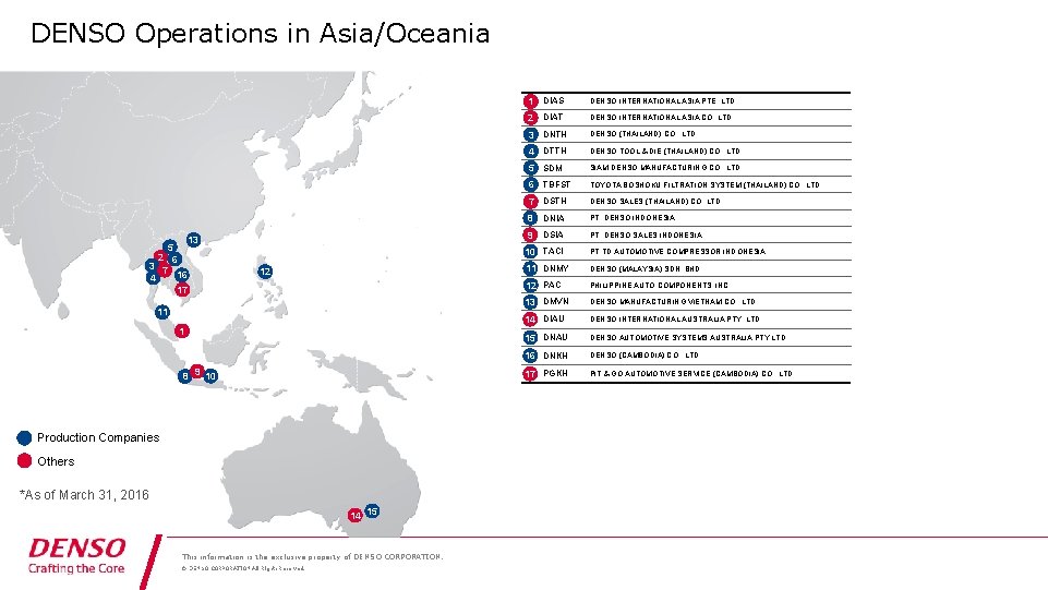 DENSO Operations in Asia/Oceania 5 2 6 3 7 16 4 17 13 12