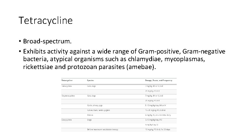 Tetracycline • Broad-spectrum. • Exhibits activity against a wide range of Gram-positive, Gram-negative bacteria,
