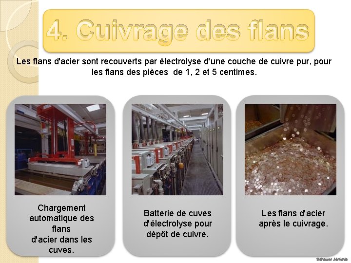 4. Cuivrage des flans Les flans d'acier sont recouverts par électrolyse d'une couche de