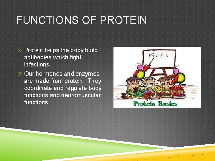 FUNCTIONS OF PROTEIN Protein helps the body build antibodies which fight infections. Our hormones