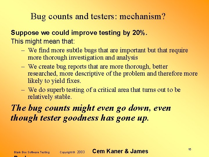 Bug counts and testers: mechanism? Suppose we could improve testing by 20%. This might