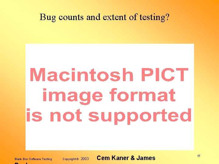 Bug counts and extent of testing? Black Box Software Testing Copyright © 2003 Cem