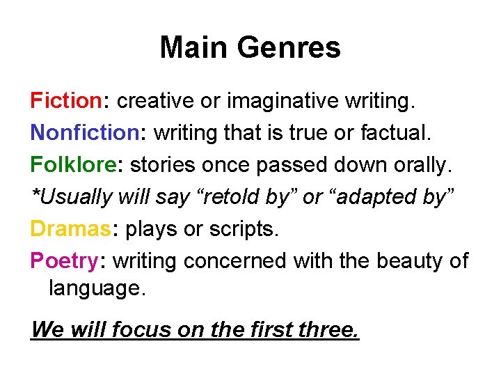 Main Genres Fiction: creative or imaginative writing. Nonfiction: writing that is true or factual.