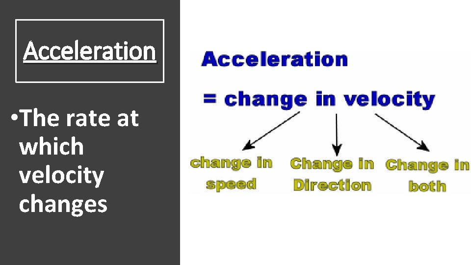 Acceleration • The rate at which velocity changes 