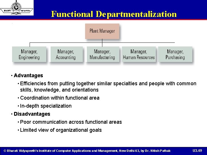 Functional Departmentalization • Advantages • Efficiencies from putting together similar specialties and people with