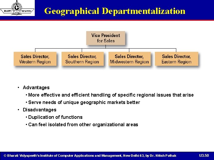 Geographical Departmentalization • Advantages • More effective and efficient handling of specific regional issues