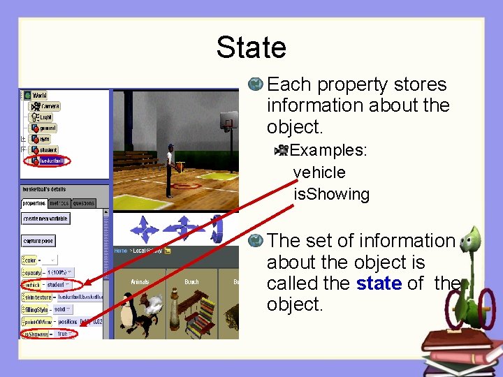 State Each property stores information about the object. Examples: vehicle is. Showing The set