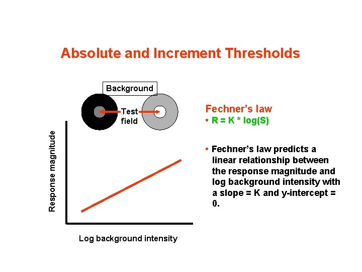 Absolute and Increment Thresholds Background Response magnitude Test field Fechner’s law • R =