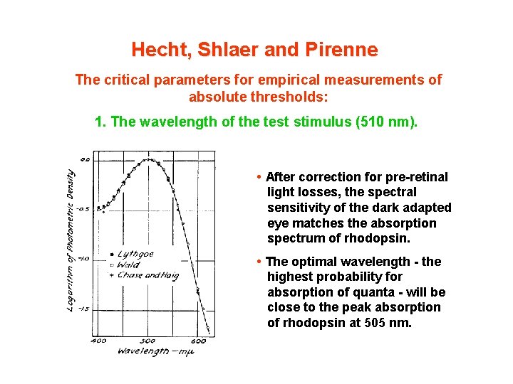 Hecht, Shlaer and Pirenne The critical parameters for empirical measurements of absolute thresholds: 1.