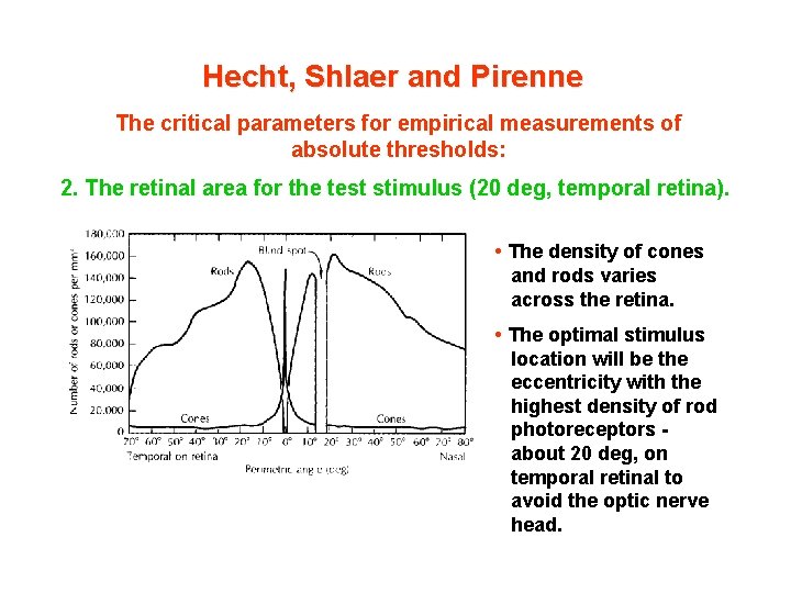 Hecht, Shlaer and Pirenne The critical parameters for empirical measurements of absolute thresholds: 2.