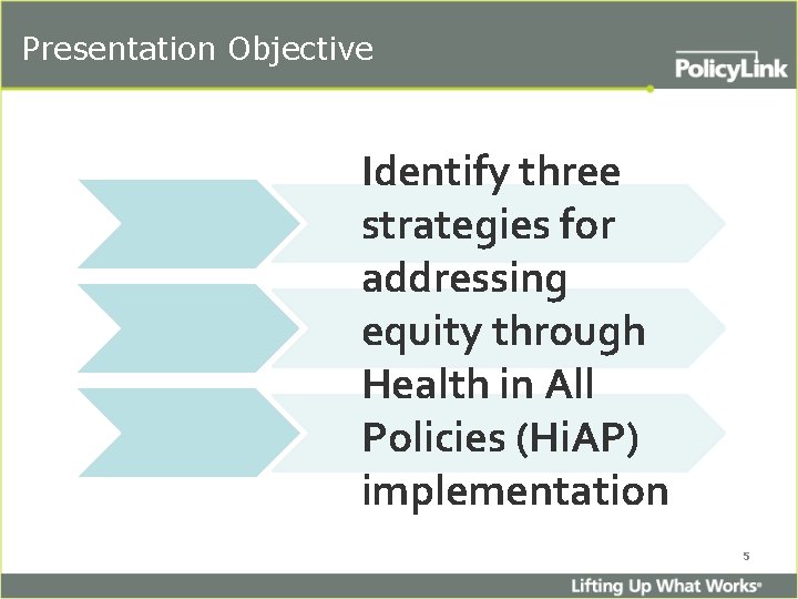 Presentation Objective Identify three strategies for addressing equity through Health in All Policies (Hi.