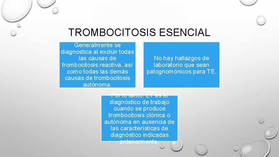 TROMBOCITOSIS ESENCIAL Generalmente se diagnostica al excluir todas las causas de trombocitosis reactiva, así