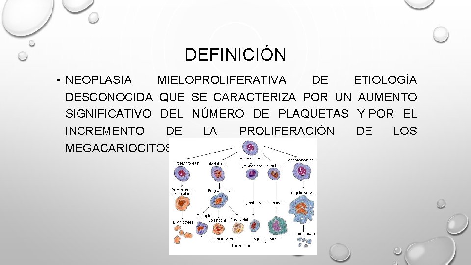 DEFINICIÓN • NEOPLASIA MIELOPROLIFERATIVA DE ETIOLOGÍA DESCONOCIDA QUE SE CARACTERIZA POR UN AUMENTO SIGNIFICATIVO