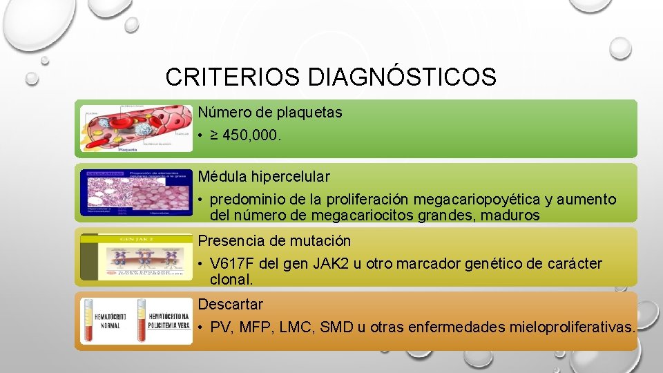 CRITERIOS DIAGNÓSTICOS Número de plaquetas • ≥ 450, 000. Médula hipercelular • predominio de