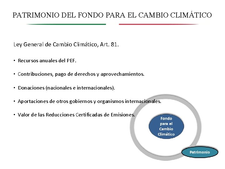 PATRIMONIO DEL FONDO PARA EL CAMBIO CLIMÁTICO Ley General de Cambio Climático, Art. 81.
